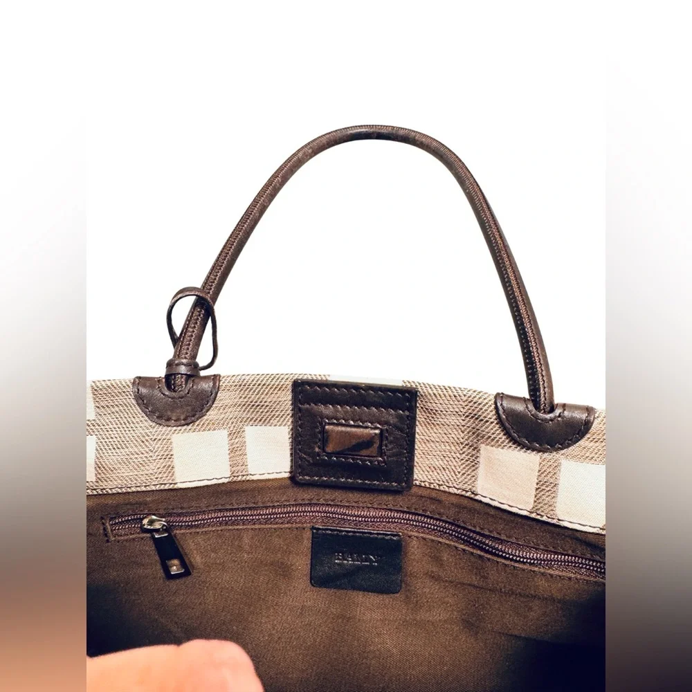 Bally Brown & Cream Logo Canvas Tote Bag w/ Leather Trim + Zip Pouch - Picture 10 of 15